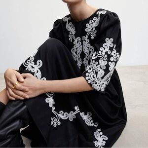 Mango MNG Ethnic Embroidery Midi Dress Black Size 10 EUR XL Puff Sleeve Boho